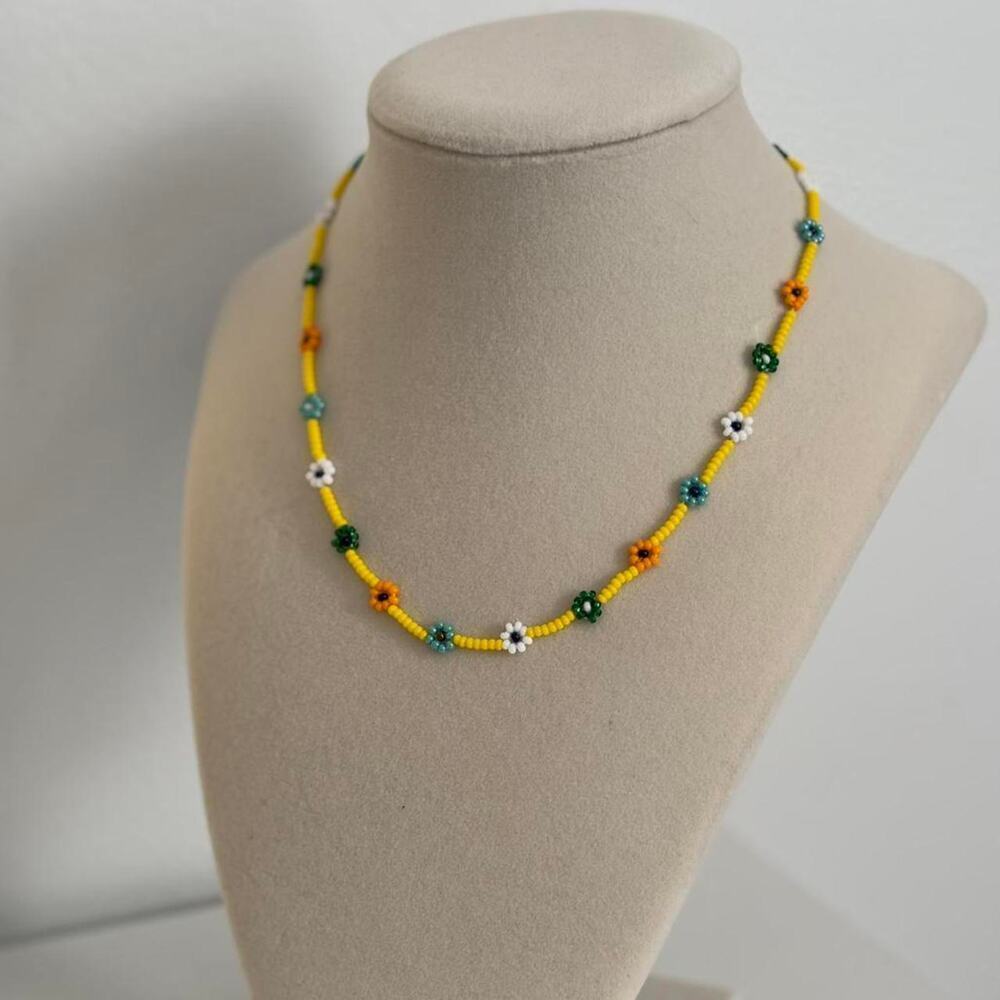 Yellow Green Beaded Flower Necklace Handmade Floral Jewelry Unique Gift - Picture 4 of 4
